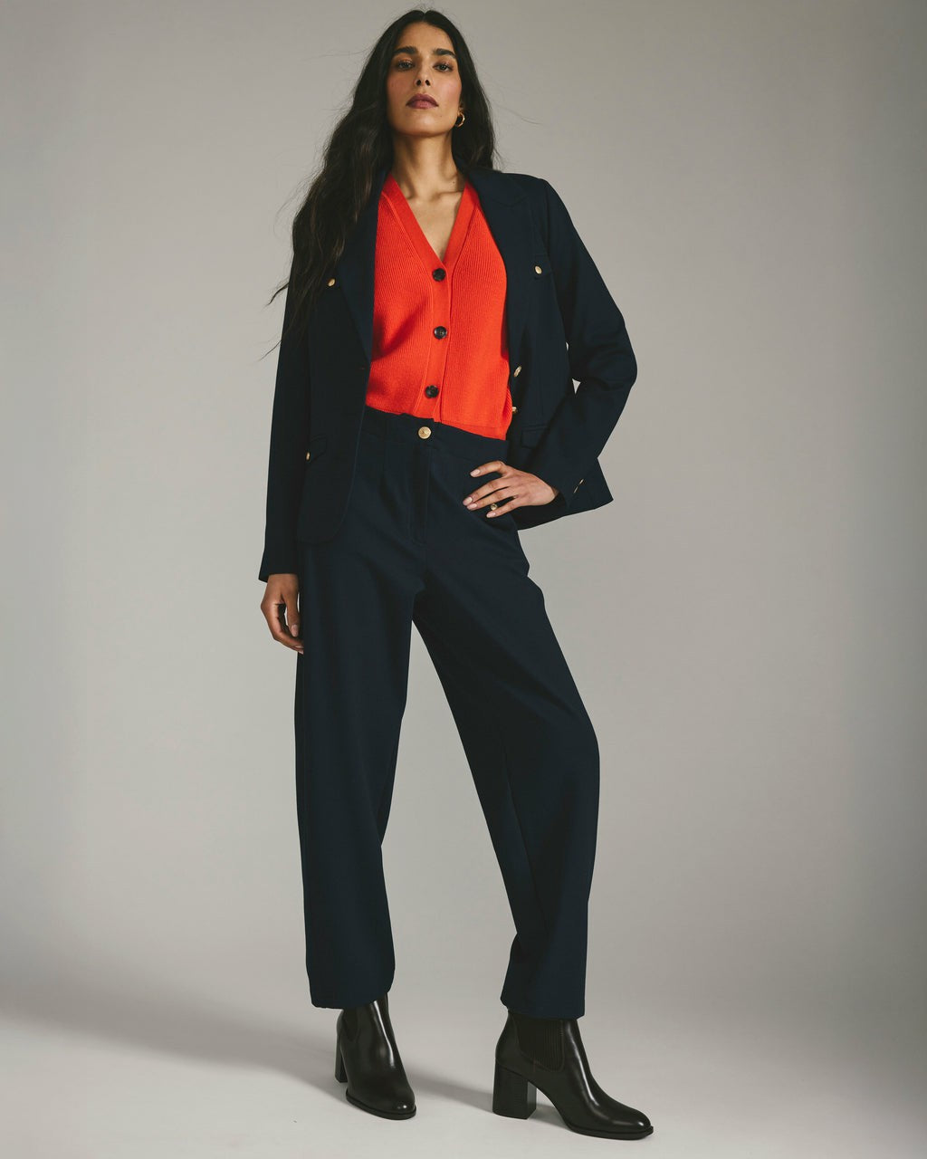 Audrey Tailored Ponte Pants - Navy with Gold Buttons | Universal Standard