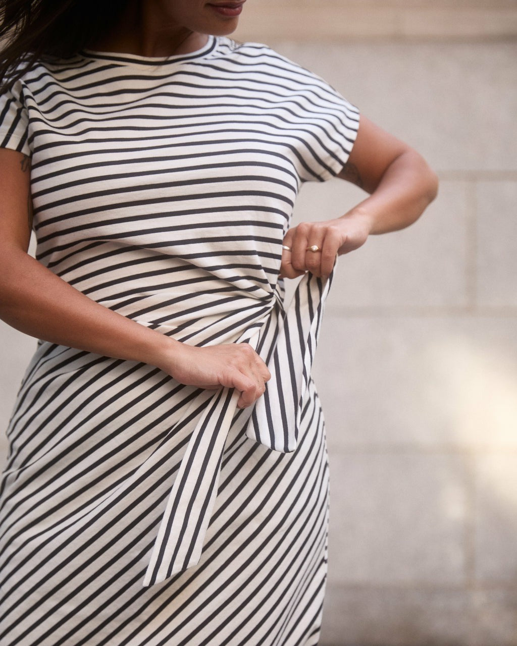 Crescent Breton Stripe Knot Dress - Ecru/Black Stripe | Universal Standard