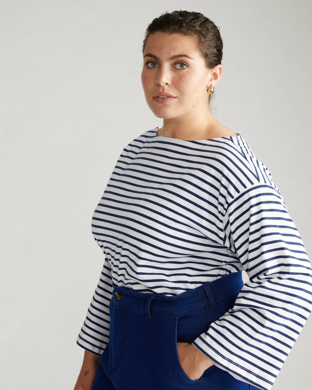 Montauk Breton Stripe Bell Sleeve Top - White/Cenote Stripe | Universal Standard
