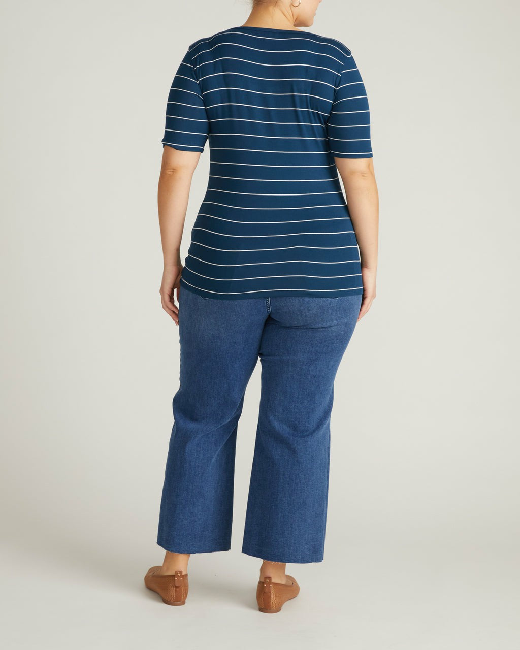 Cloud Rib Short Sleeve Square Neck Tee - Teal/White Microstripe | Universal Standard