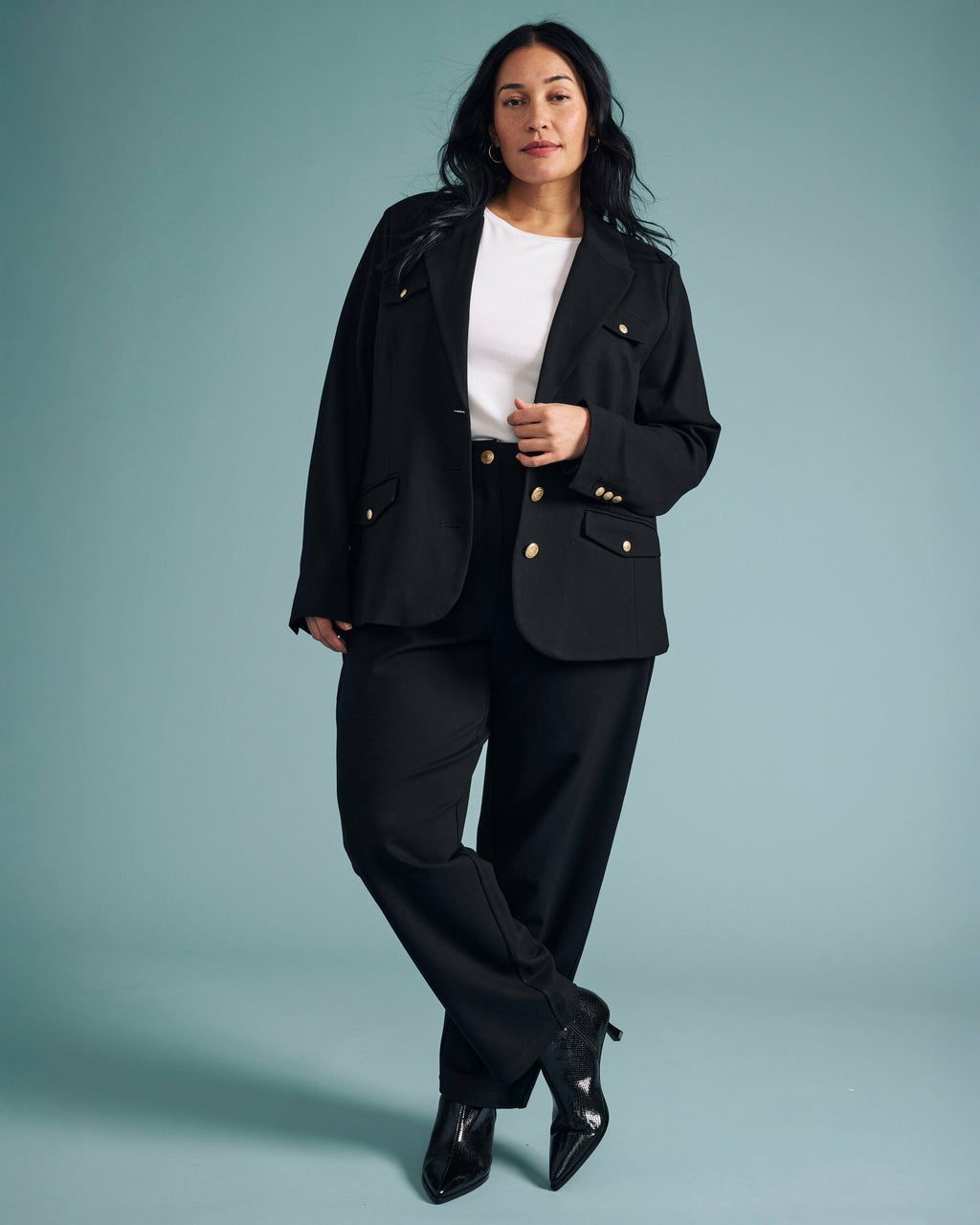 4 Pocket Ponte Blazer - Black with Gold Buttons | Universal Standard