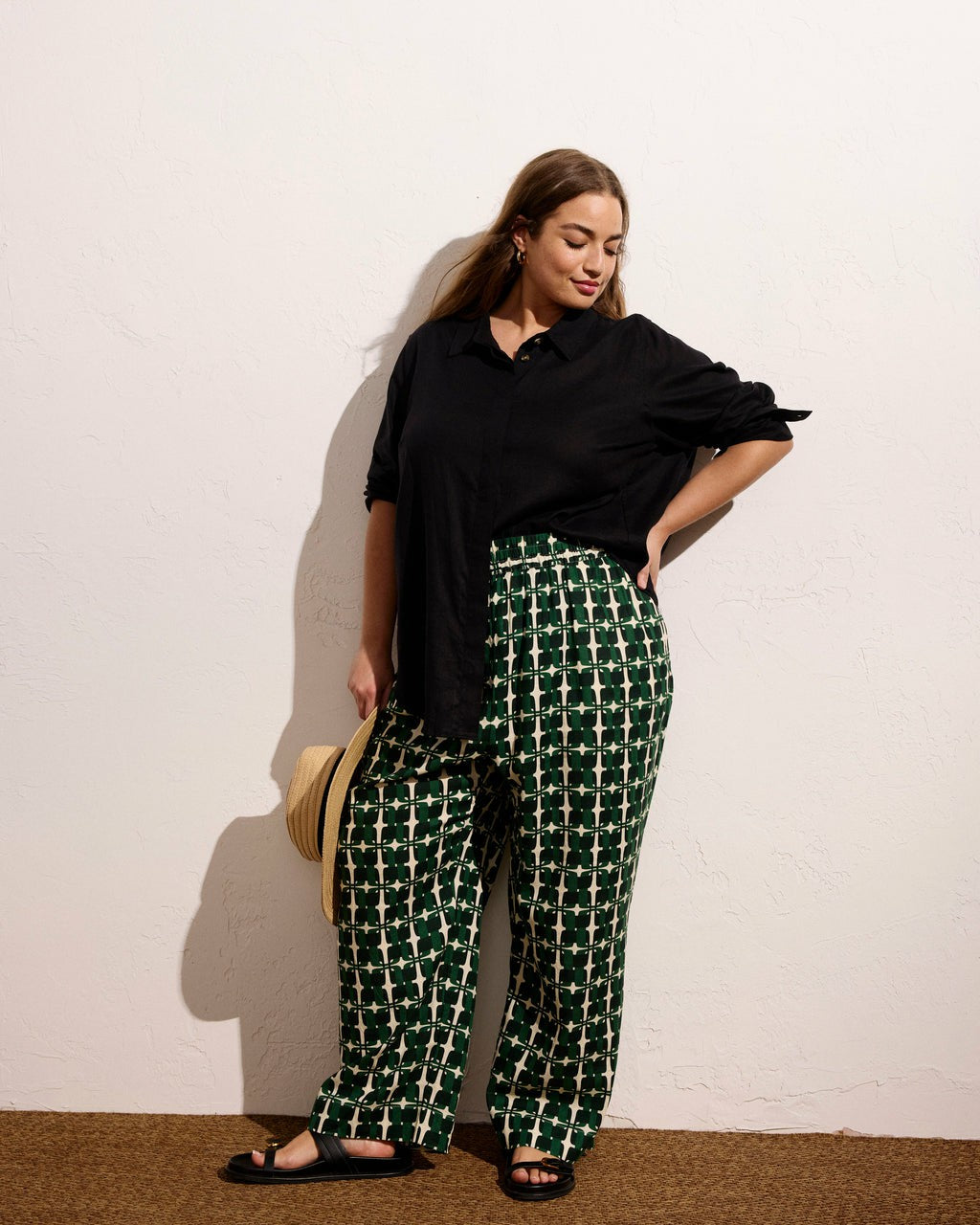 Iris Linen Blend Easy Pull-On Pants - Green Trellis Print | Universal Standard