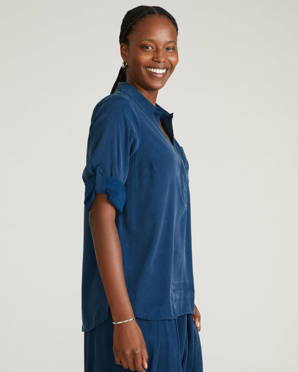Button Back Stretch Cupro Polo Shirt - Pageant Blue | Universal Standard