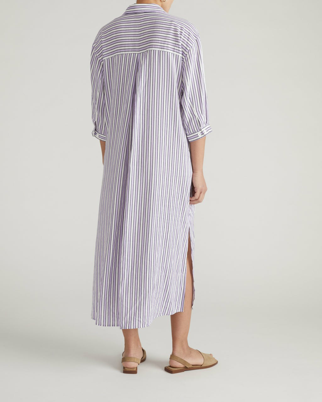 Paros Drawstring Linen Blend Shirtdress - Lilac Stripe Print | Universal Standard