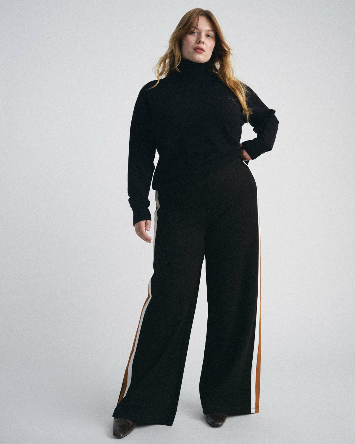 Stephanie Wide Leg Stripe Ponte Pants 30 Inch - Black with Ochre/White | Universal Standard
