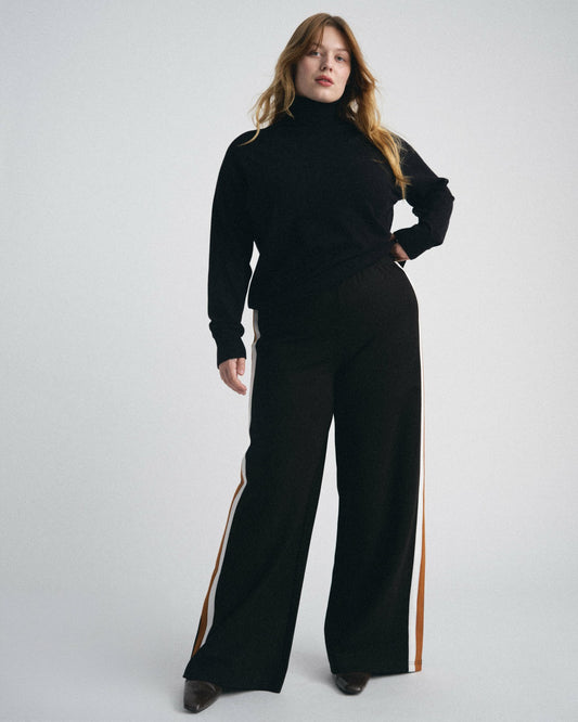 Stephanie Wide Leg Stripe Ponte Pants 30 Inch - Black with Ochre/White | Universal Standard