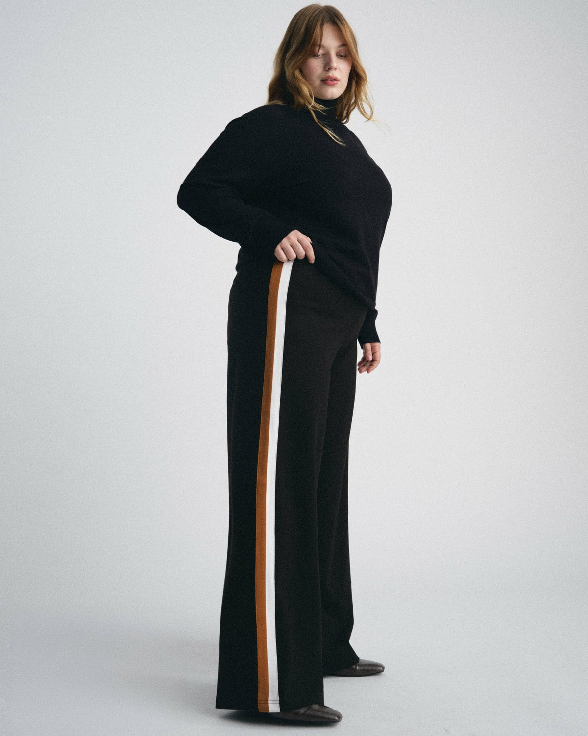 Stephanie Wide Leg Stripe Ponte Pants 30 Inch - Black with Ochre/White | Universal Standard