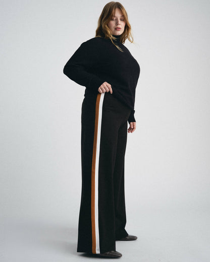 Stephanie Wide Leg Stripe Ponte Pants 30 Inch - Black with Ochre/White | Universal Standard
