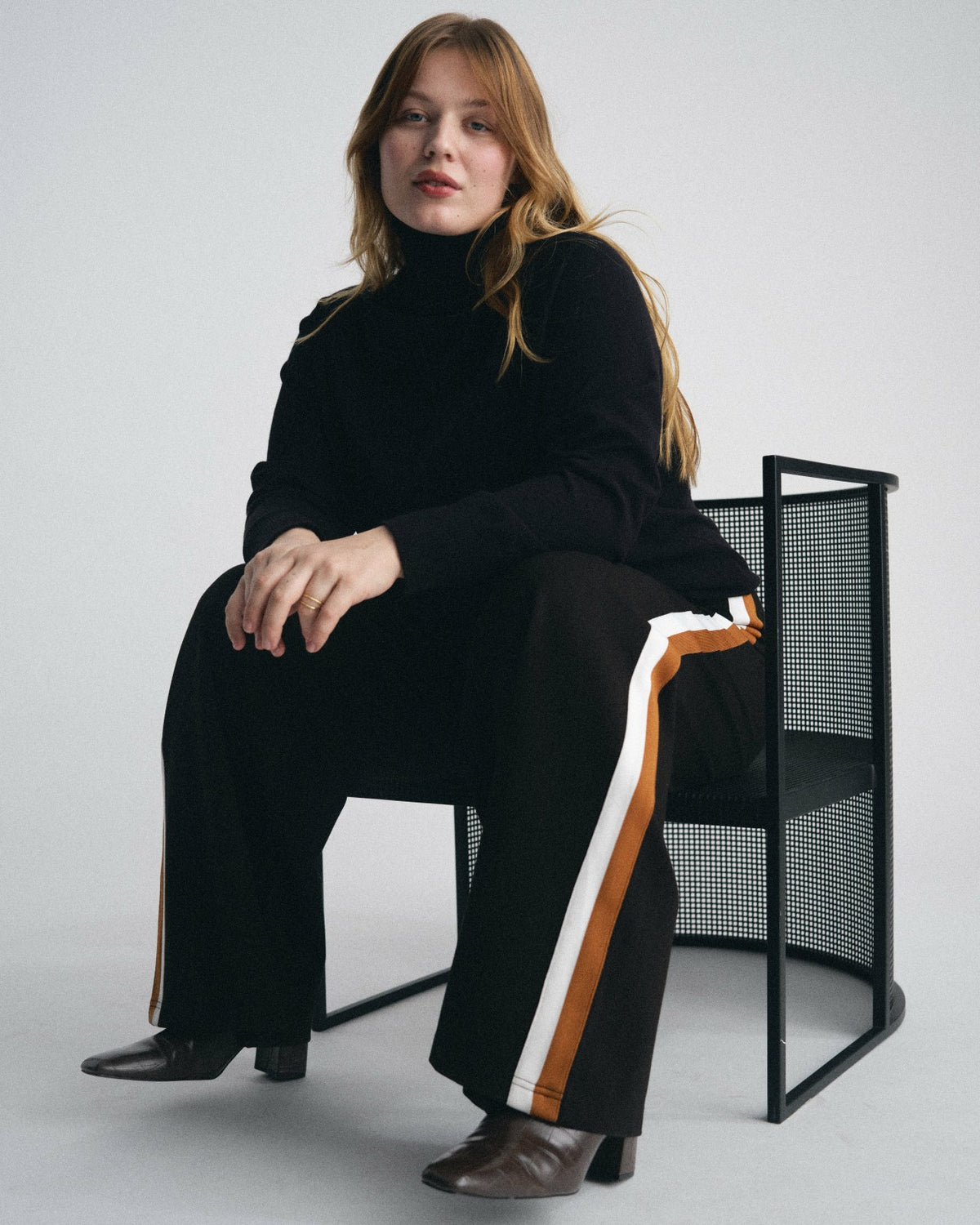 Stephanie Wide Leg Stripe Ponte Pants 30 Inch - Black with Ochre/White | Universal Standard