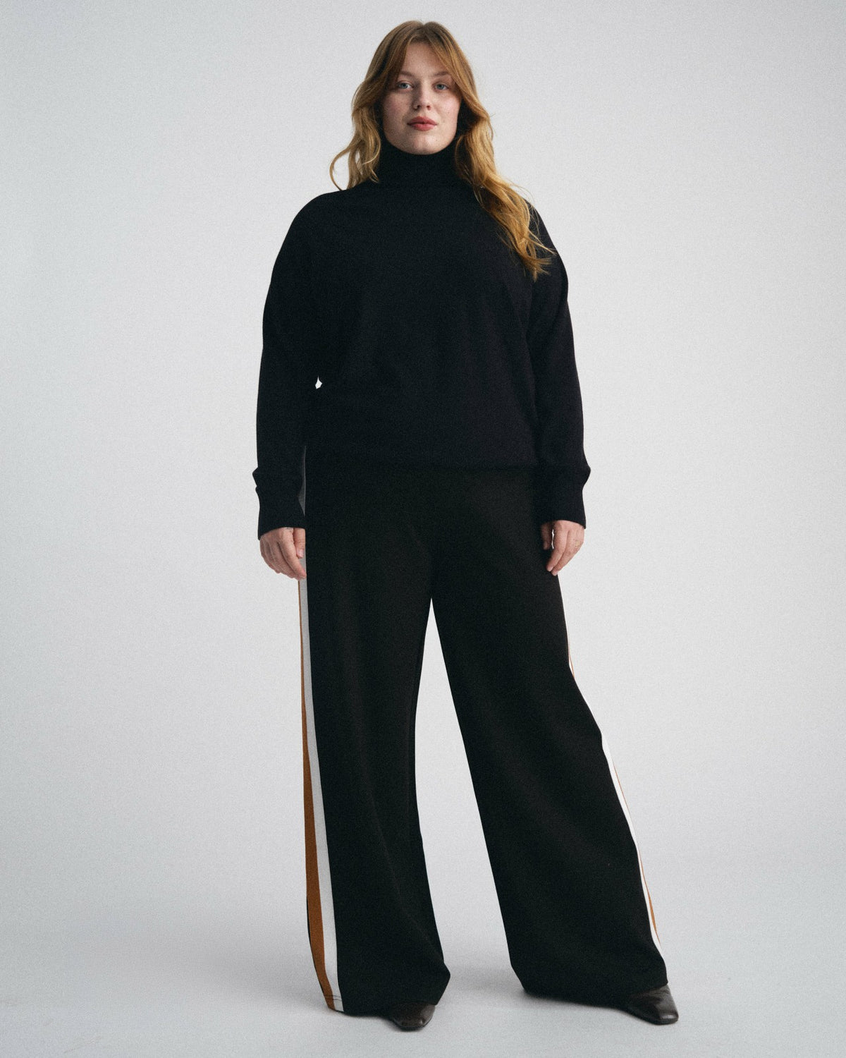 Stephanie Wide Leg Stripe Ponte Pants 30 Inch - Black with Ochre/White | Universal Standard