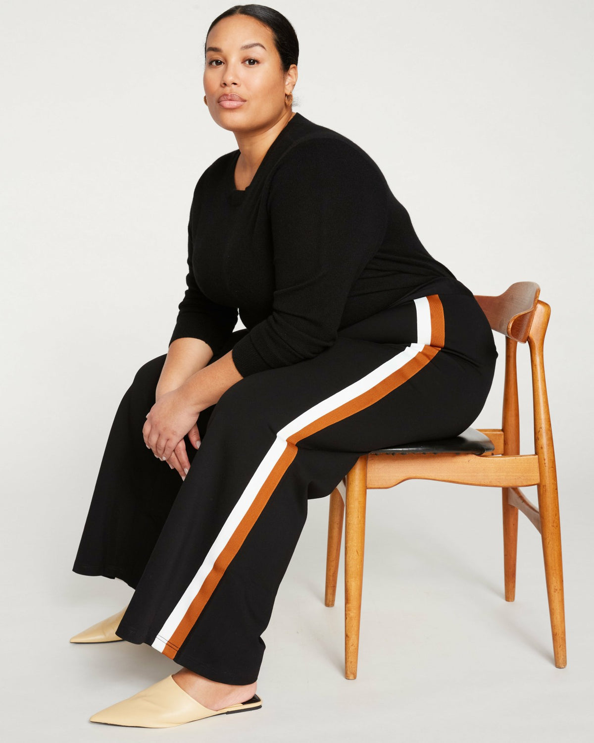 Stephanie Wide Leg Stripe Ponte Pants 30 Inch - Black with Ochre/White | Universal Standard