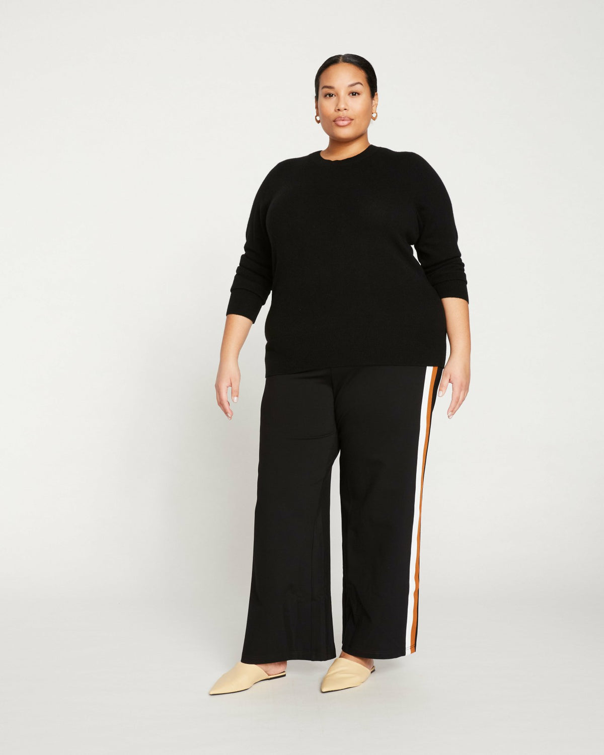 Stephanie Wide Leg Stripe Ponte Pants 30 Inch - Black with Ochre/White | Universal Standard
