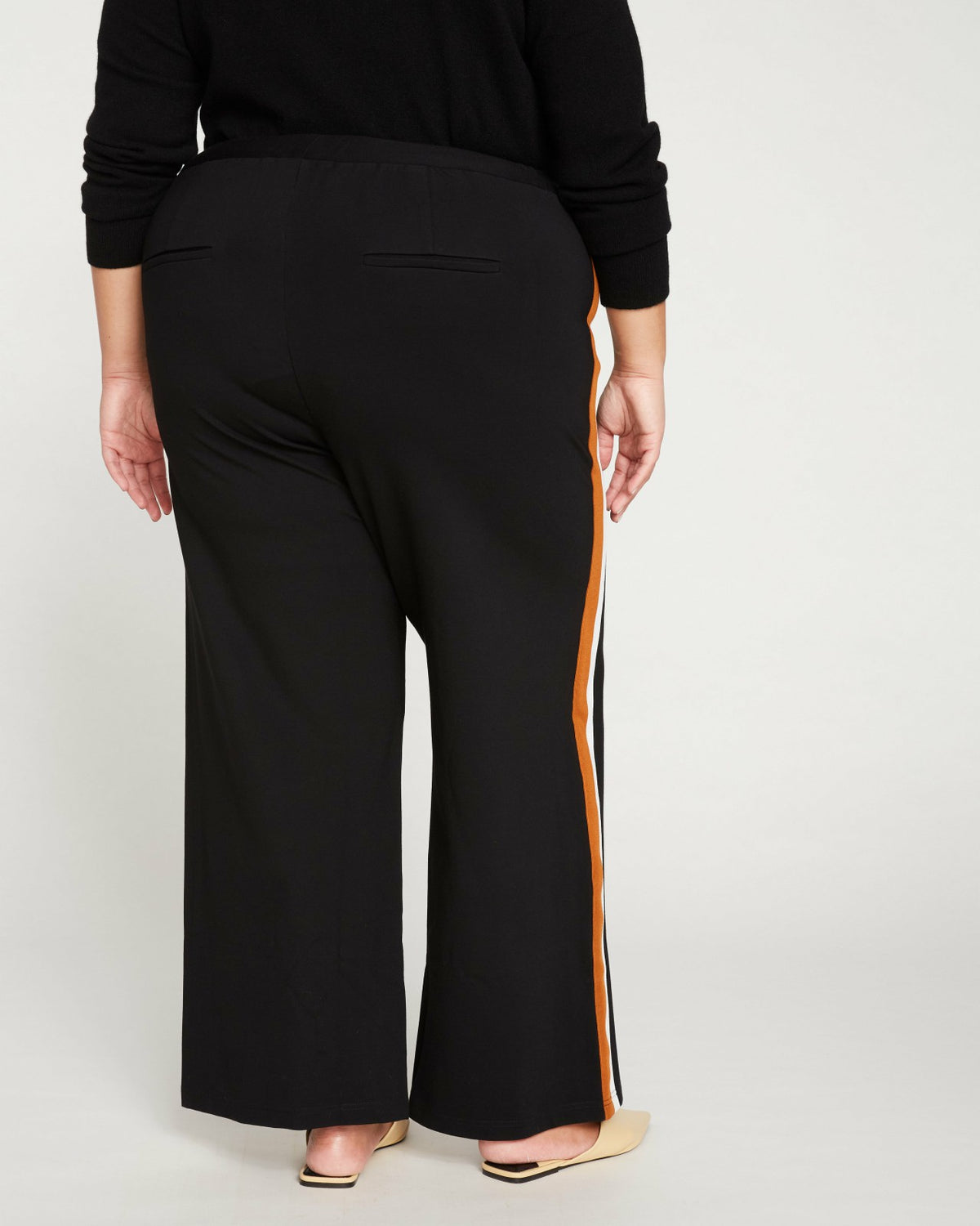 Stephanie Wide Leg Stripe Ponte Pants 30 Inch - Black with Ochre/White | Universal Standard