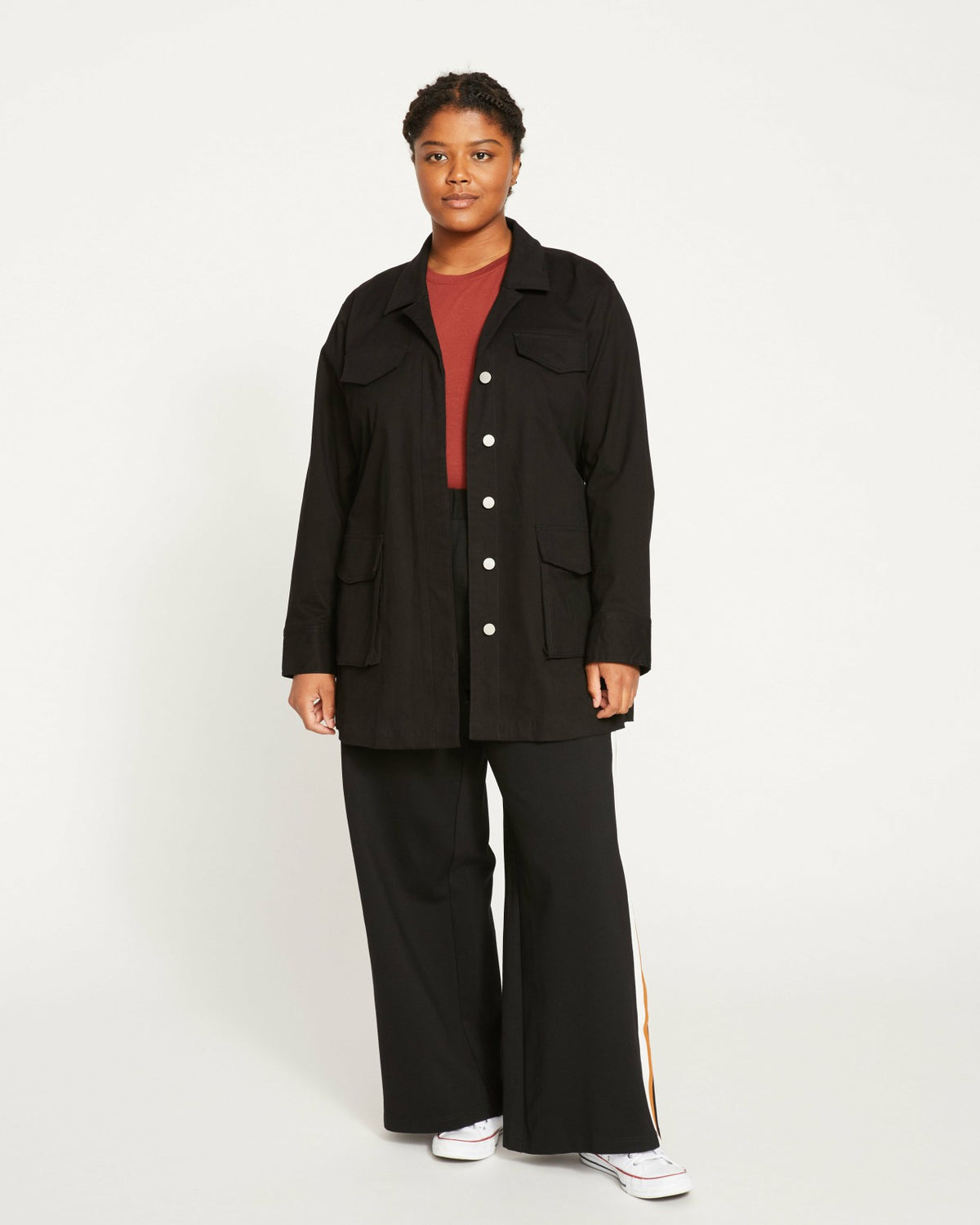 Stephanie Wide Leg Stripe Ponte Pants 30 Inch - Black with Ochre/White | Universal Standard