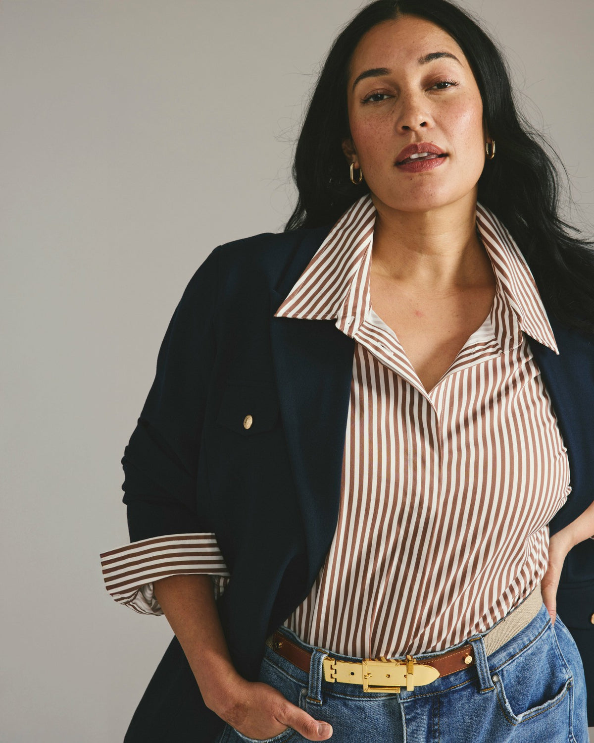 Elbe Stretch Poplin Shirt Classic Fit - Allspice/White Stripe | Universal Standard