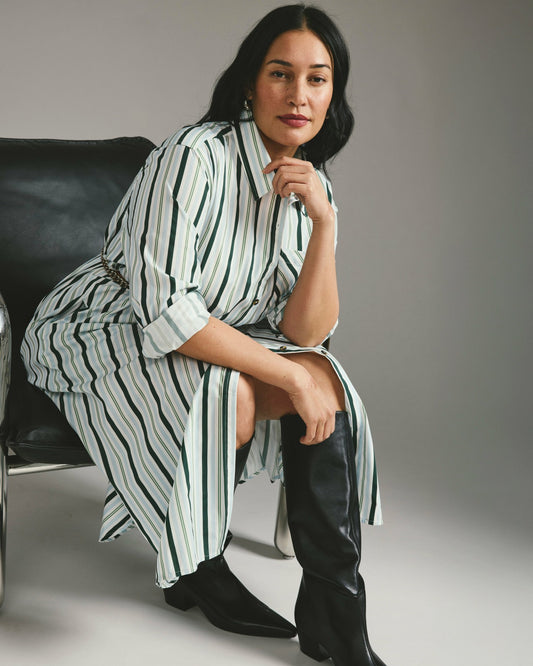 Odeon Stretch Poplin Shirtdress - Forest Green Multi Stripe | Universal Standard