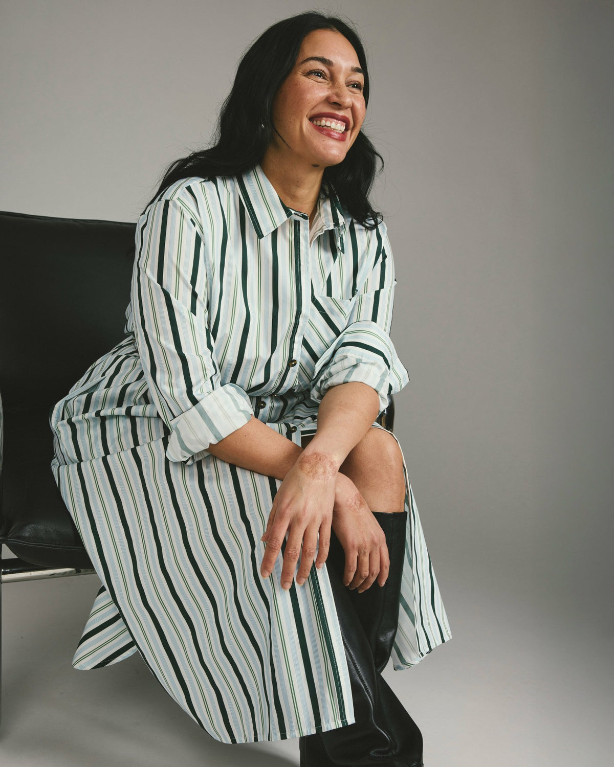 Odeon Stretch Poplin Shirtdress - Forest Green Multi Stripe | Universal Standard