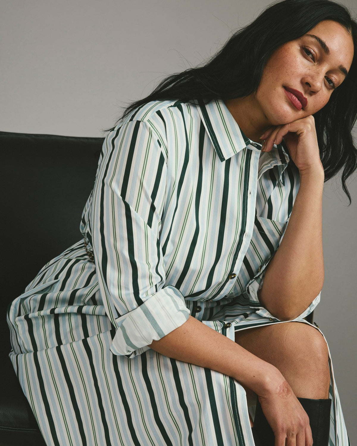 Odeon Stretch Poplin Shirtdress - Forest Green Multi Stripe | Universal Standard