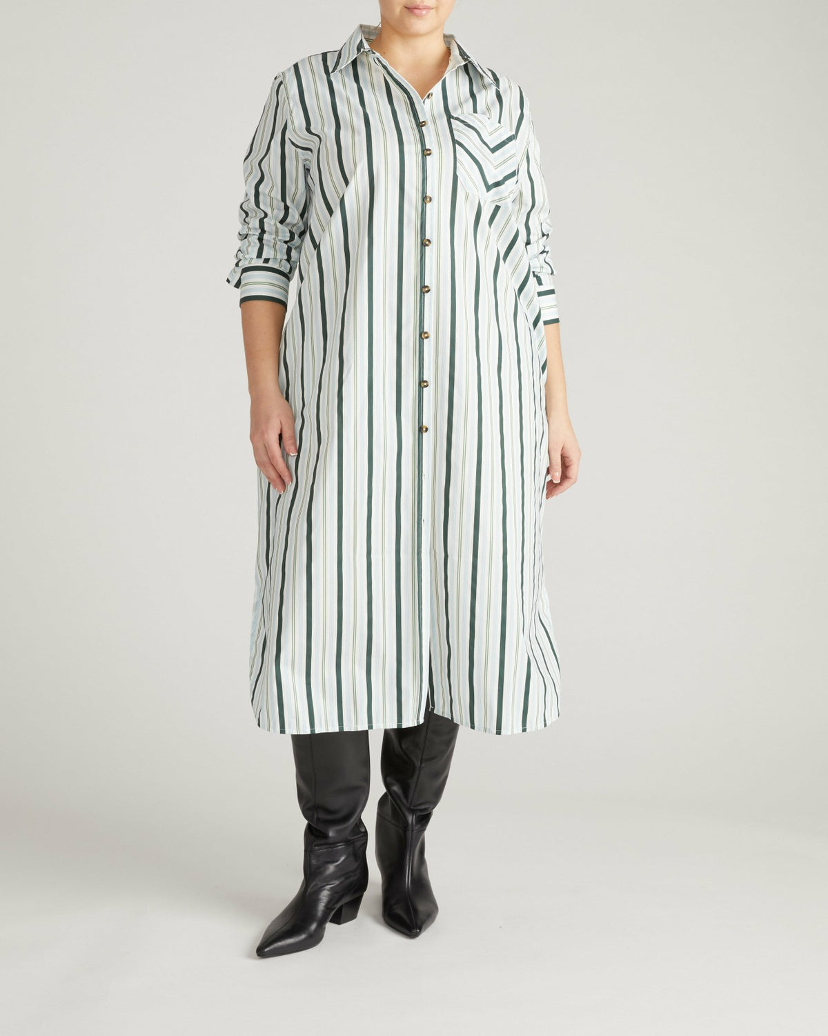 Odeon Stretch Poplin Shirtdress - Forest Green Multi Stripe | Universal Standard