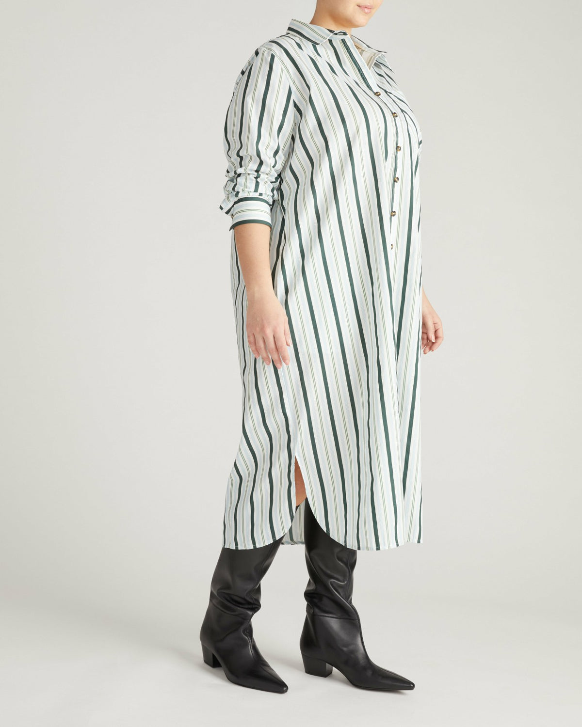 Odeon Stretch Poplin Shirtdress - Forest Green Multi Stripe | Universal Standard
