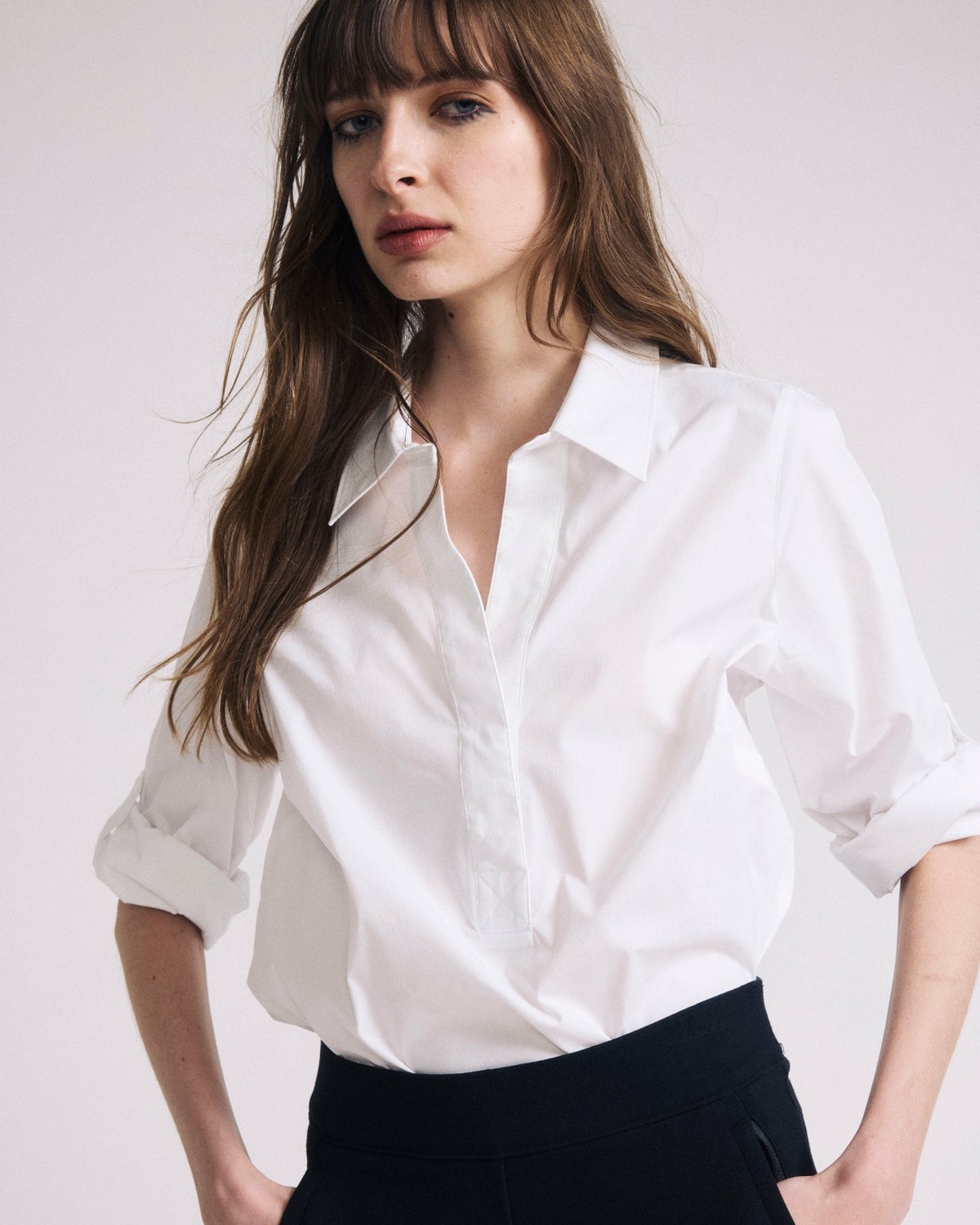 Button Back Poplin Polo Shirt - White | Universal Standard