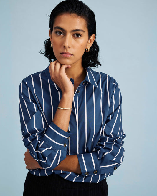 Elbe Stretch Poplin Shirt Classic Fit - Ensign Blue/White Stripe | Universal Standard