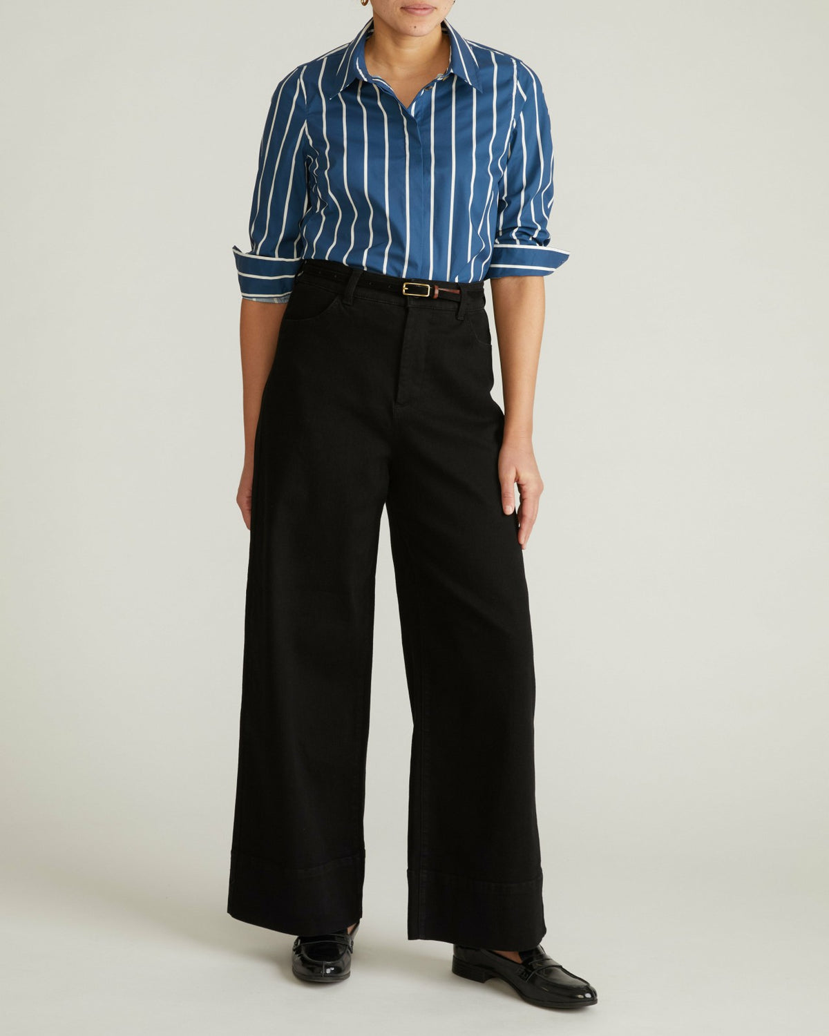 Elbe Stretch Poplin Shirt Classic Fit - Ensign Blue/White Stripe | Universal Standard