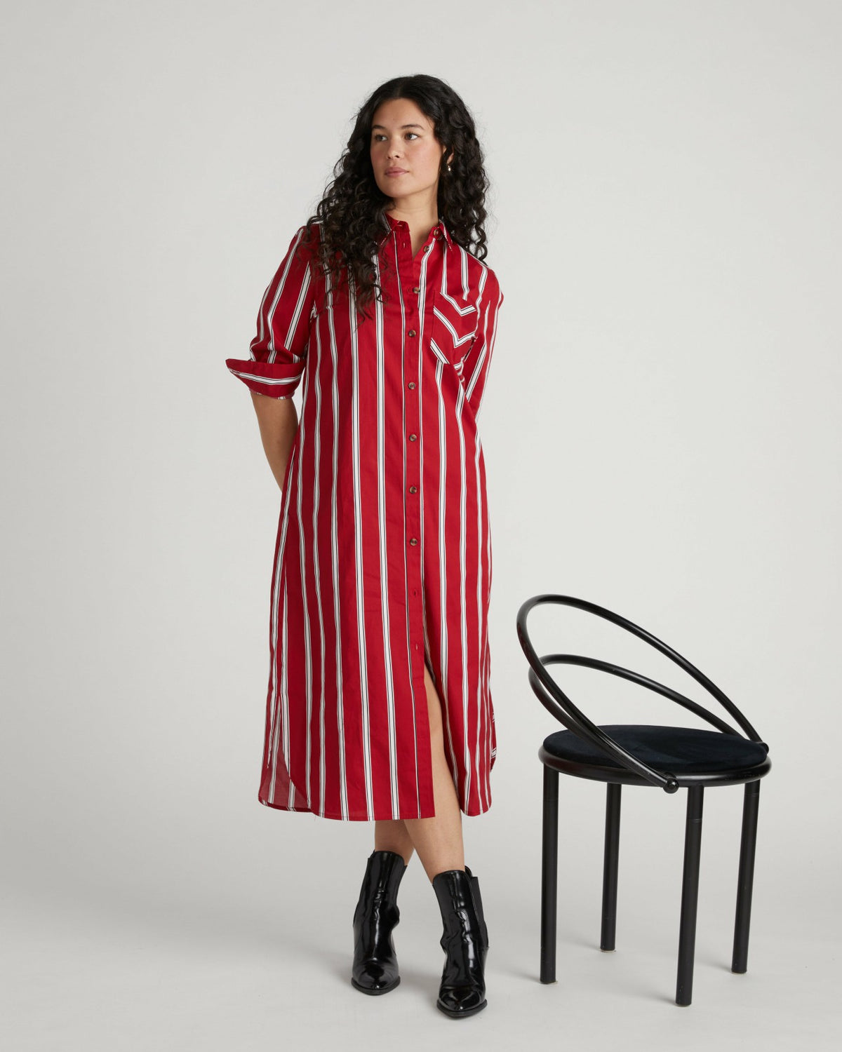 Odeon Stretch Poplin Shirtdress - Red/Black/White Stripe | Universal Standard