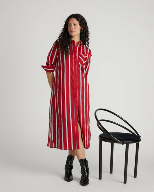 Odeon Stretch Poplin Shirtdress - Red/Black/White Stripe | Universal Standard