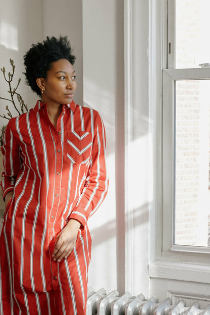 Odeon Stretch Poplin Shirtdress - Red/Black/White Stripe | Universal Standard