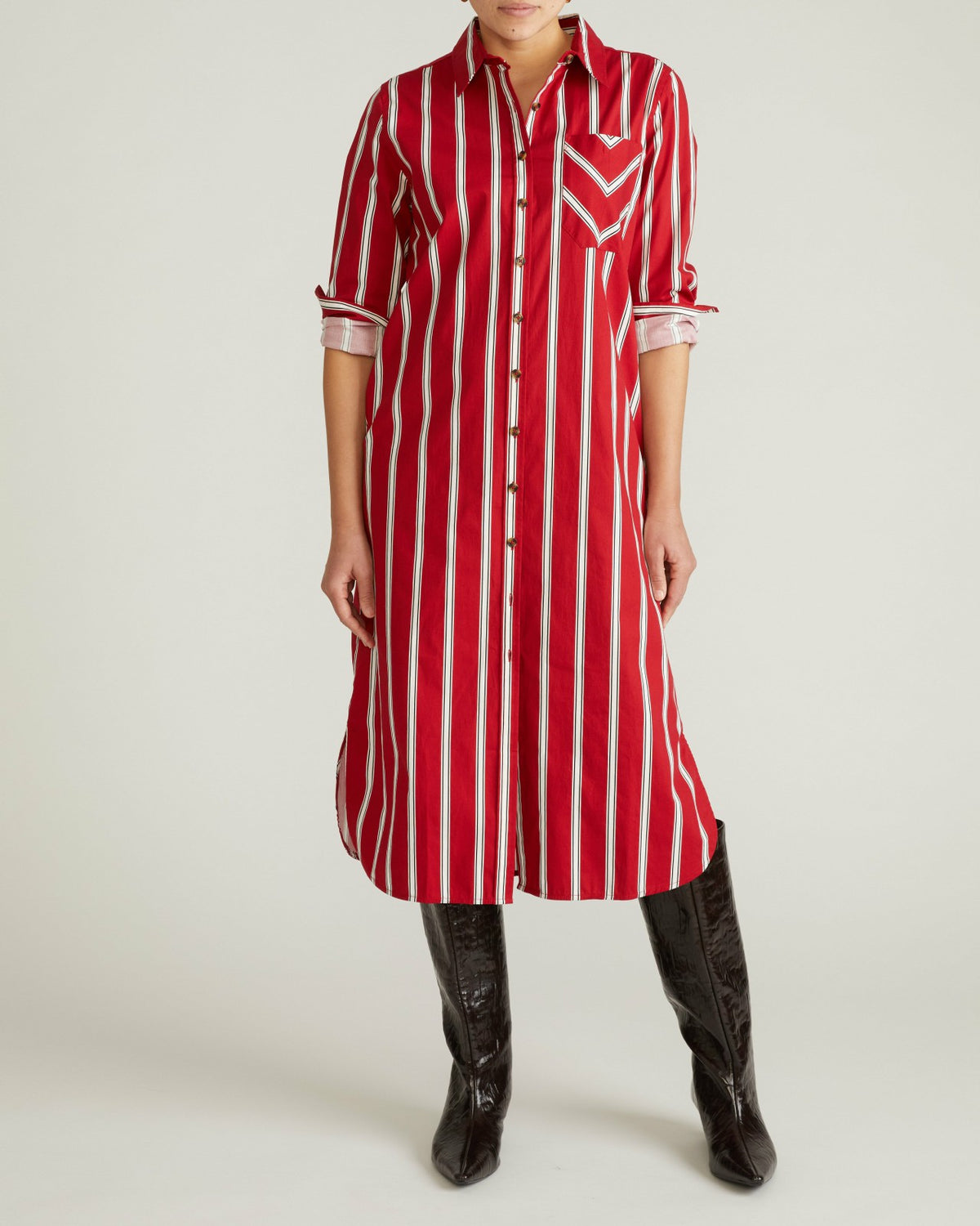 Odeon Stretch Poplin Shirtdress - Red/Black/White Stripe | Universal Standard