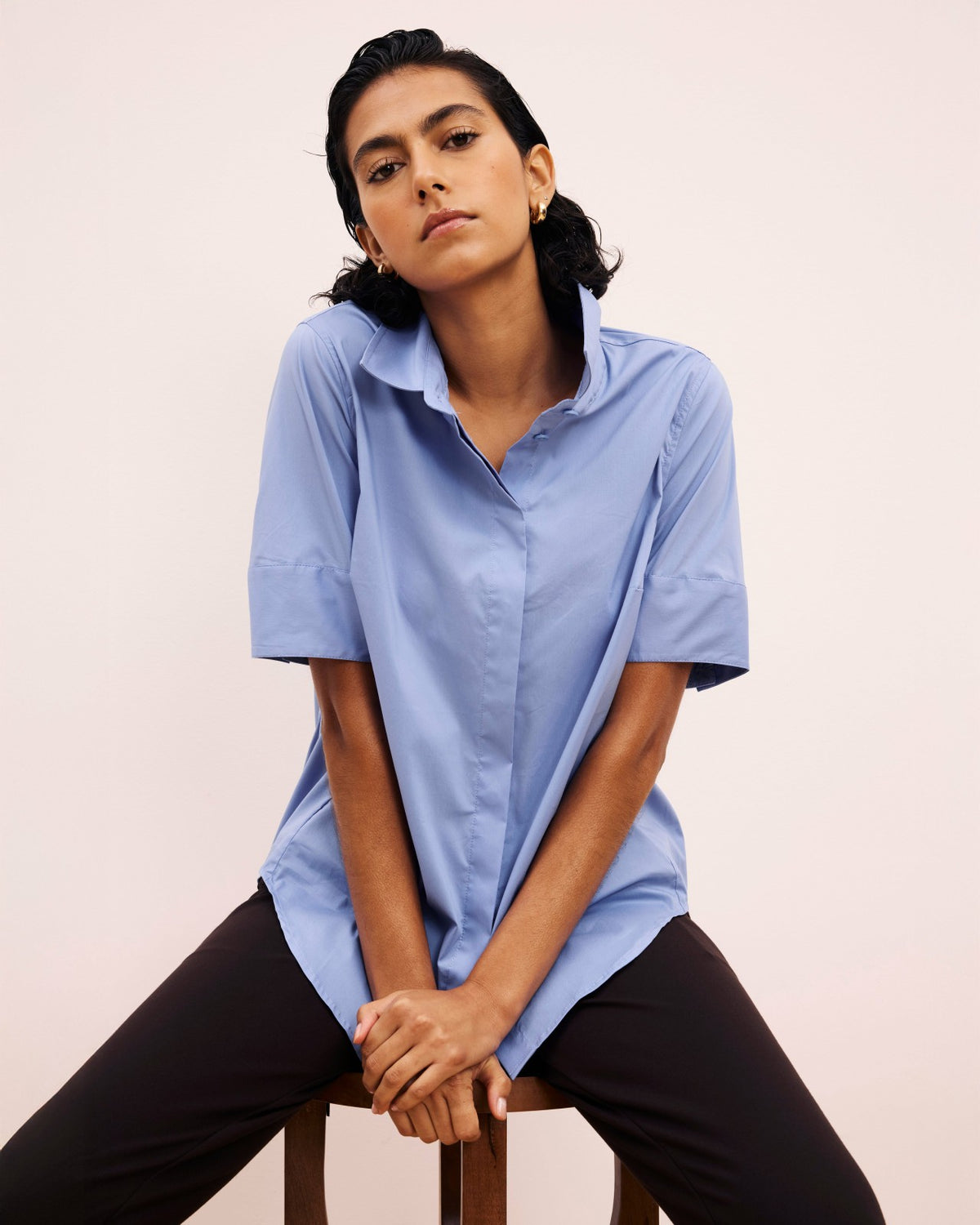 Elbe Stretch Poplin Short Sleeve Shirt - Soft Blue | Universal Standard