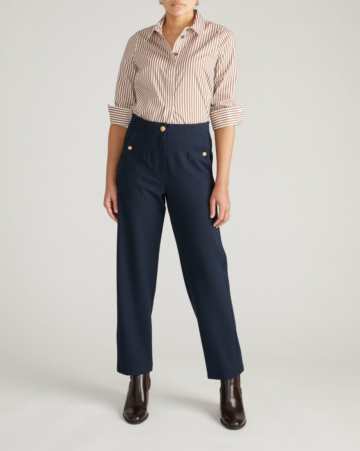 Audrey Tailored Ponte Pants - Navy with Gold Buttons | Universal Standard