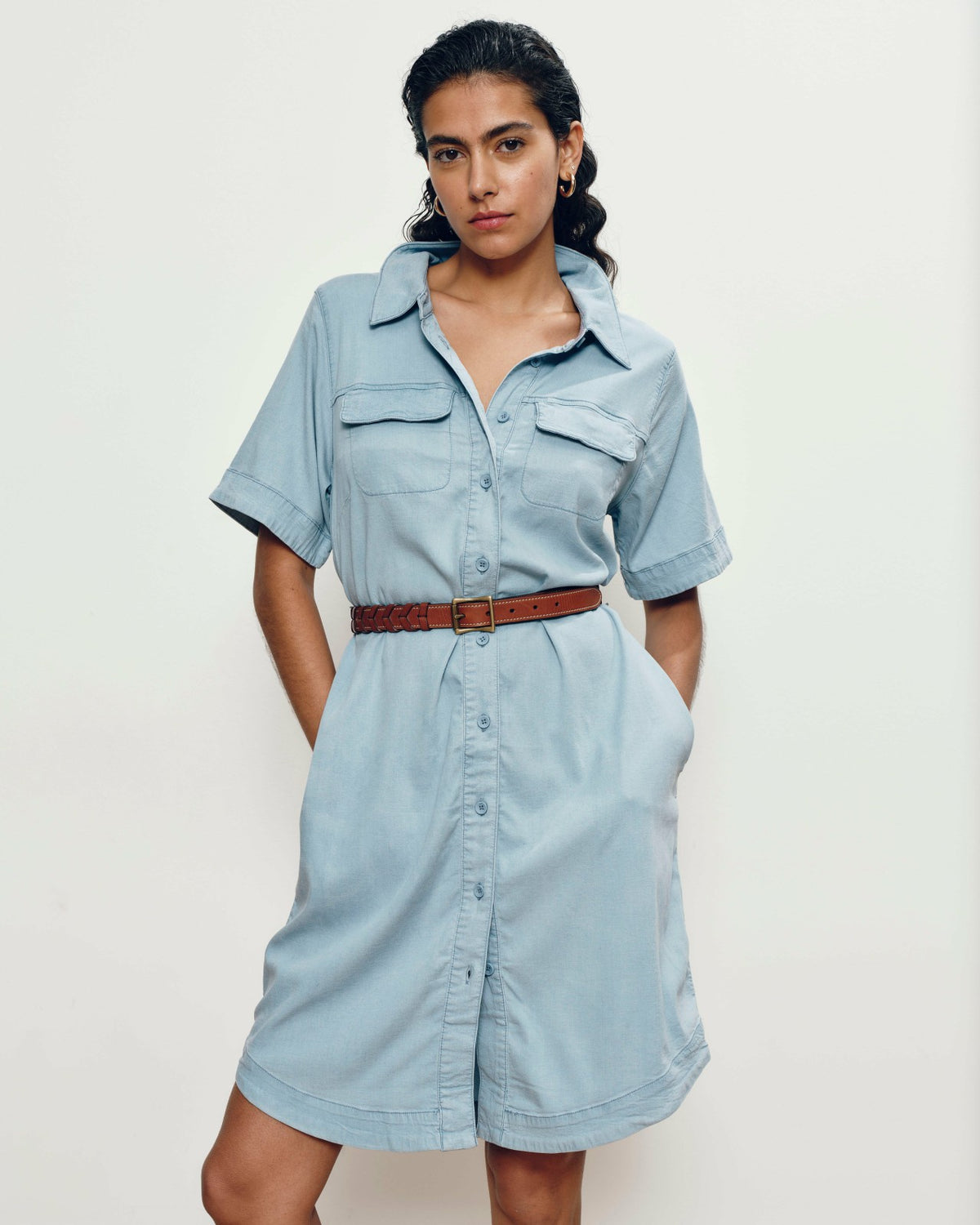 Perfect Tencel Chambray Short Sleeve Shirtdress - Morning Blue | Universal Standard