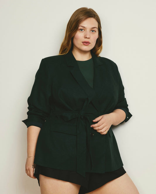 Belted Double Breasted Linen Blend Blazer - Forest Green | Universal Standard
