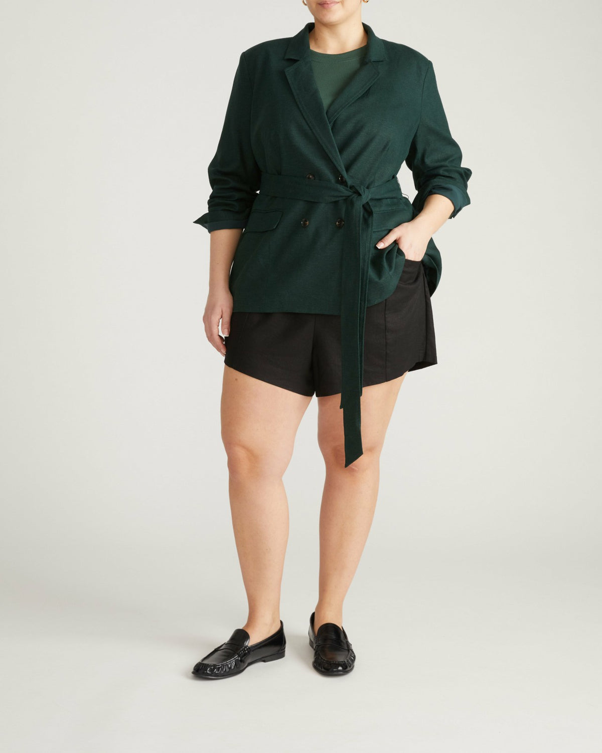 Belted Double Breasted Linen Blend Blazer - Forest Green | Universal Standard