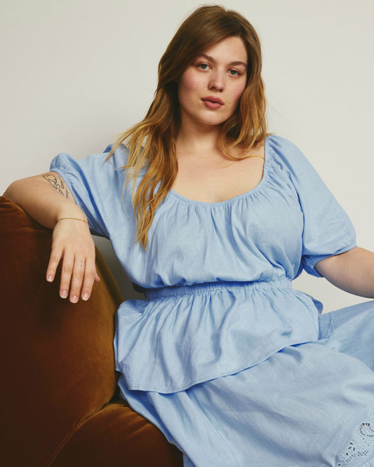 Andrea Peplum Linen Blend Top - Cielo Blue | Universal Standard