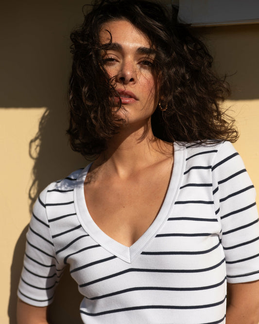 Classic V-Neck Ribbed Tee - Nautical Navy Stripe | Universal Standard