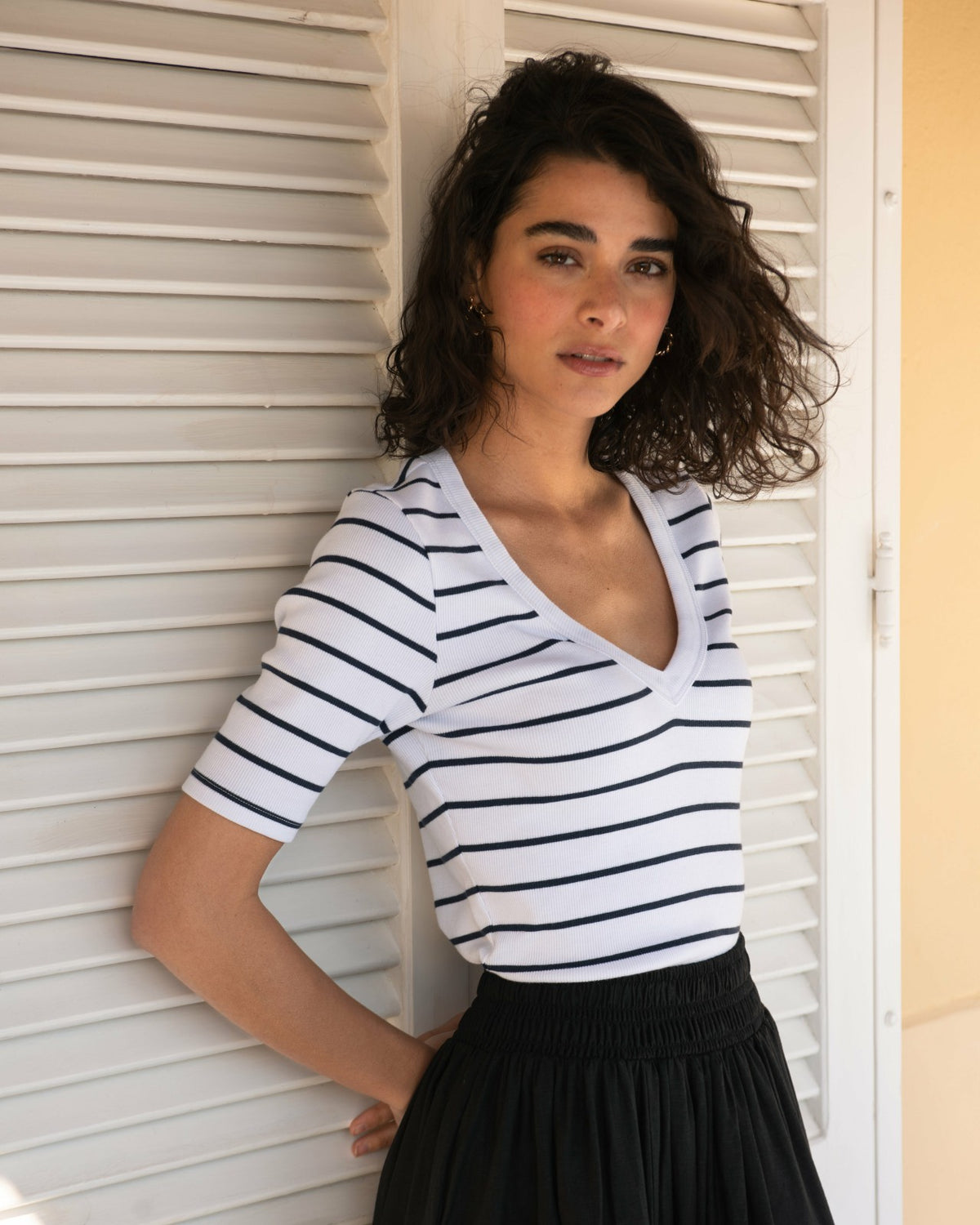Classic V-Neck Ribbed Tee - Nautical Navy Stripe | Universal Standard