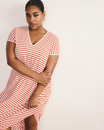 Iconic Geneva V-Neck Dress - Ecru/Poppy Stripe | Universal Standard