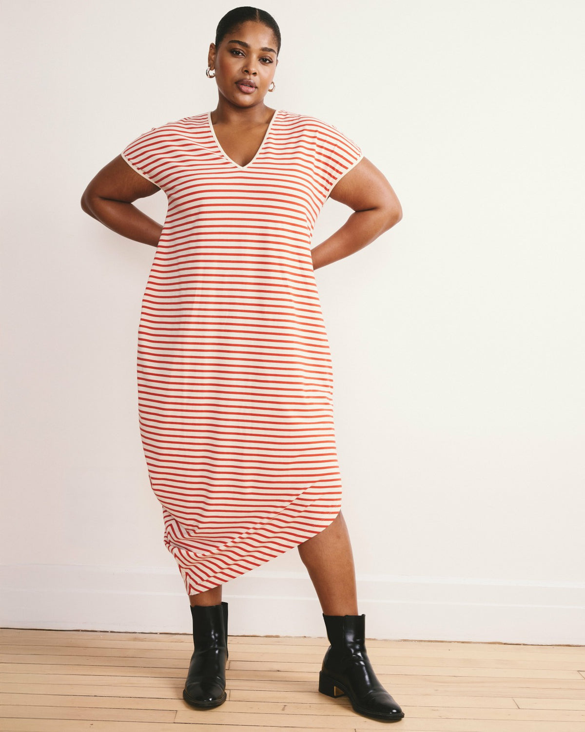 Iconic Geneva V-Neck Dress - Ecru/Poppy Stripe | Universal Standard
