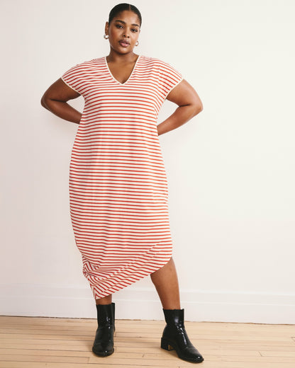 Iconic Geneva V-Neck Dress - Ecru/Poppy Stripe | Universal Standard
