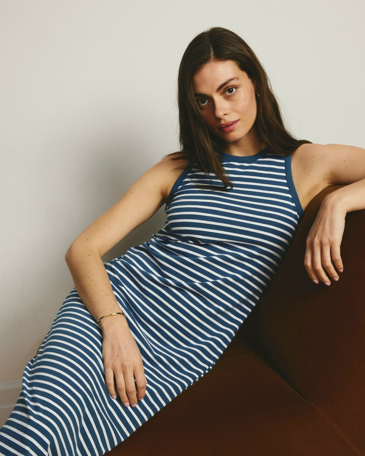 Cai High Neck Tank Dress - Ink Blue/White Stripe | Universal Standard