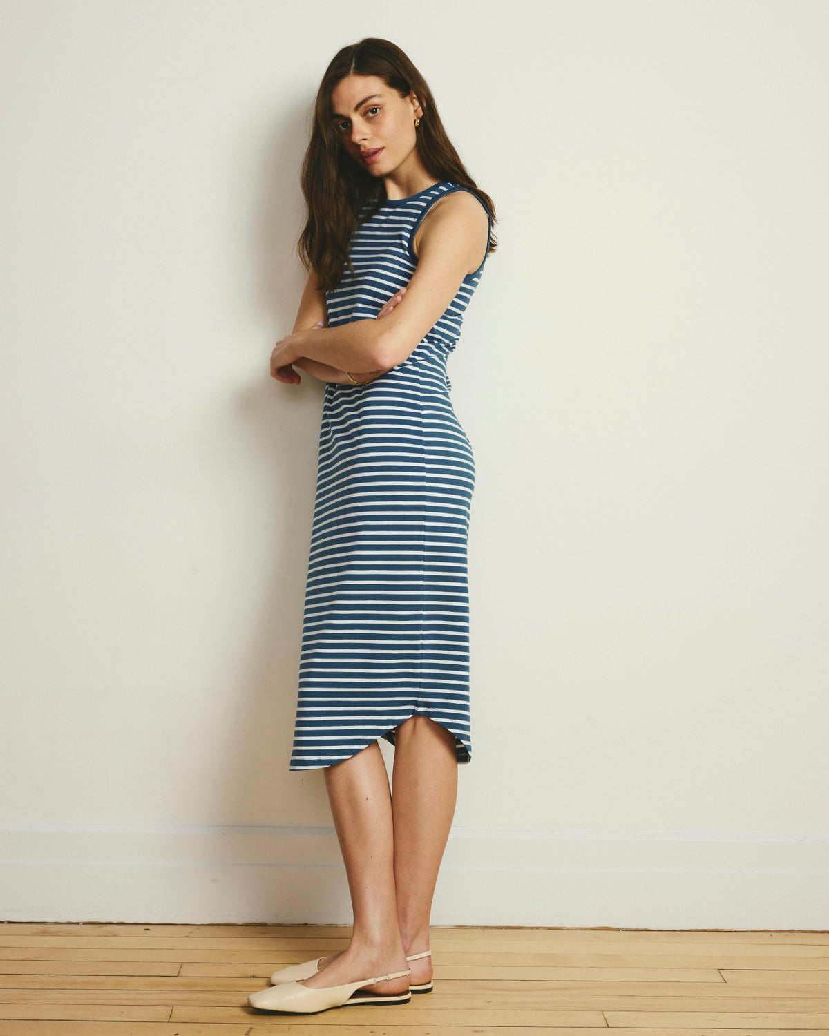 Cai High Neck Tank Dress - Ink Blue/White Stripe | Universal Standard
