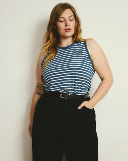 Cai High Neck Tank - Ink Blue/White Stripe | Universal Standard
