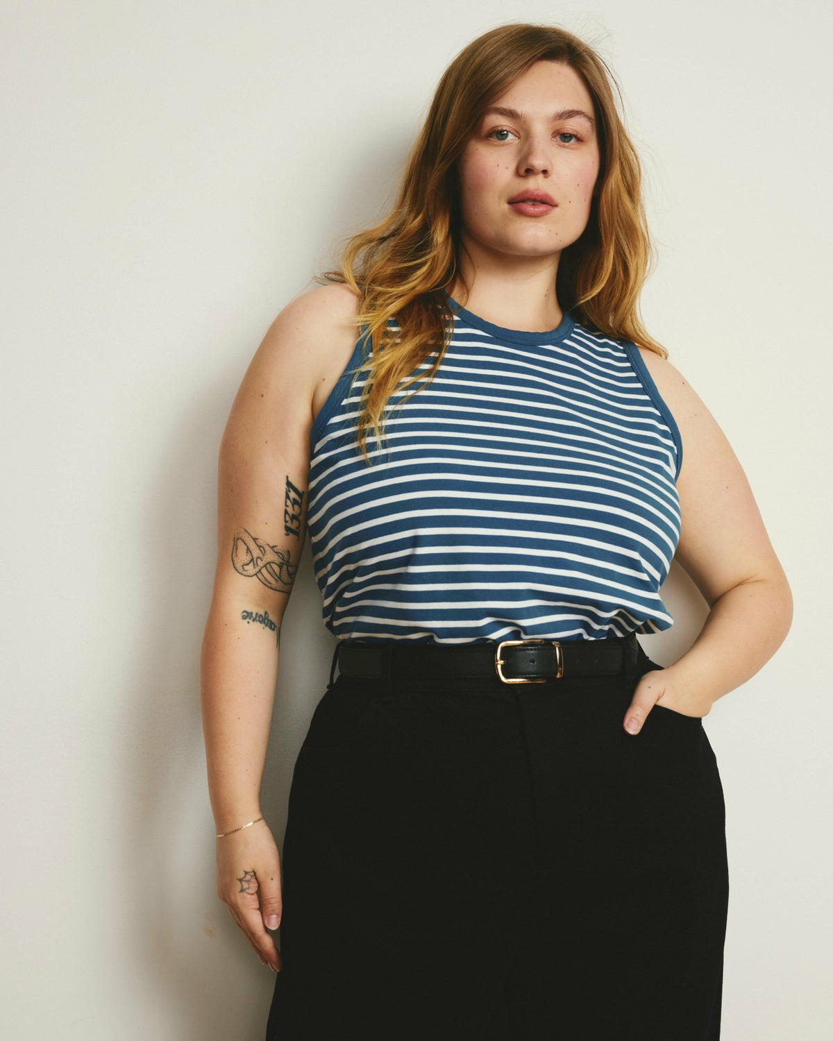 Cai High Neck Tank - Ink Blue/White Stripe | Universal Standard