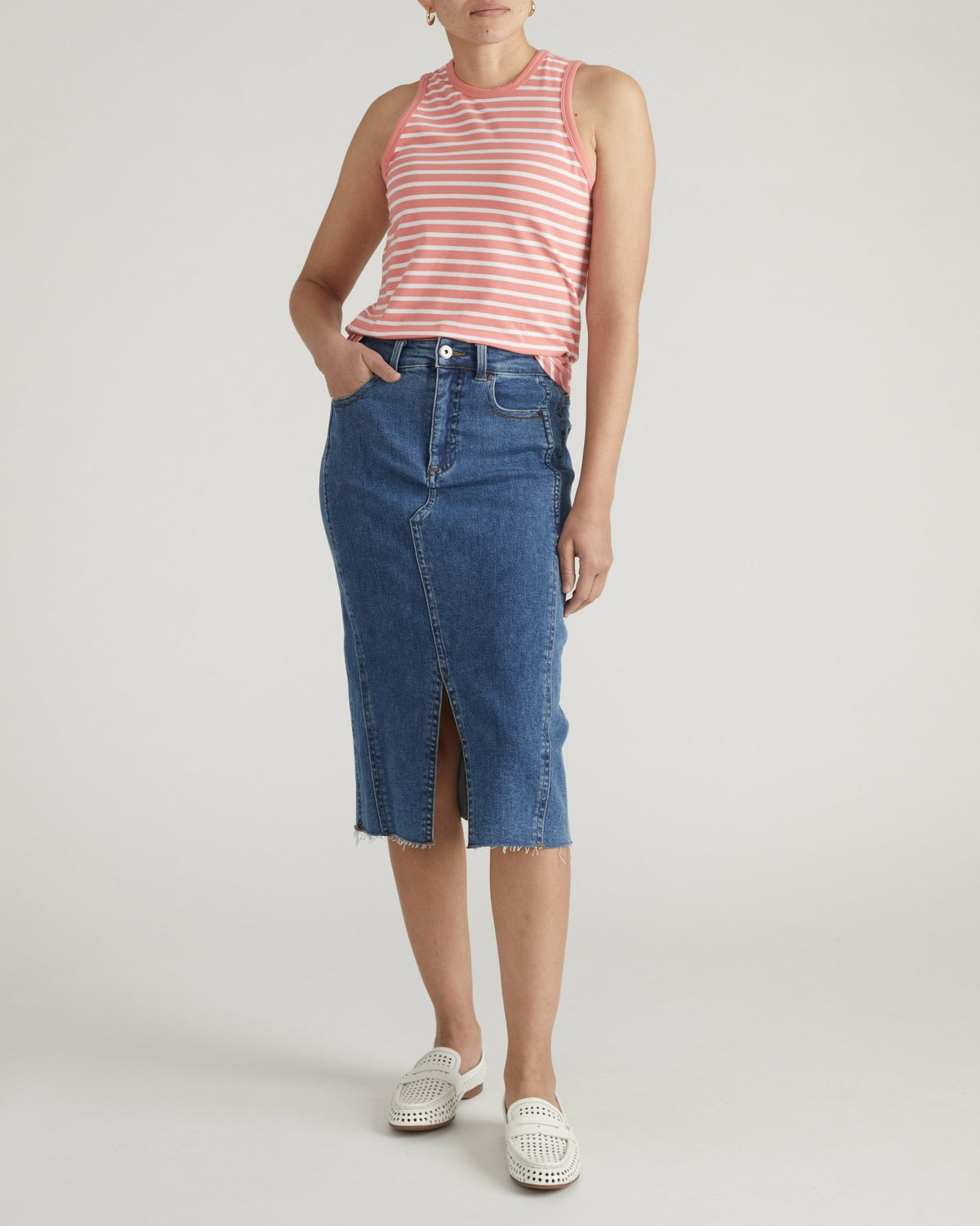 Cai High Neck Tank - Portrait Pink/White Stripe | Universal Standard