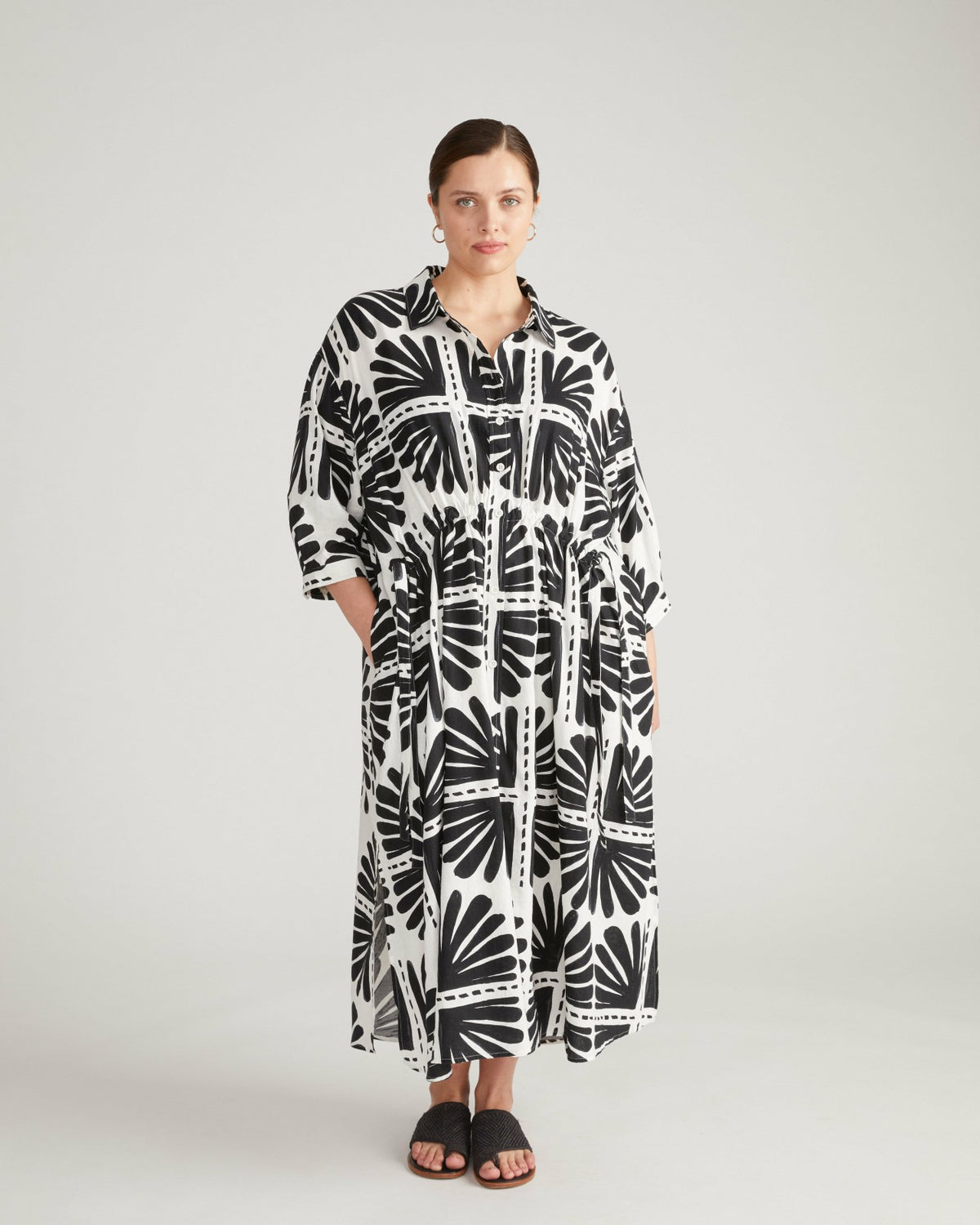 Paros Drawstring Linen Blend Shirtdress - Ink Bloom Print | Universal Standard