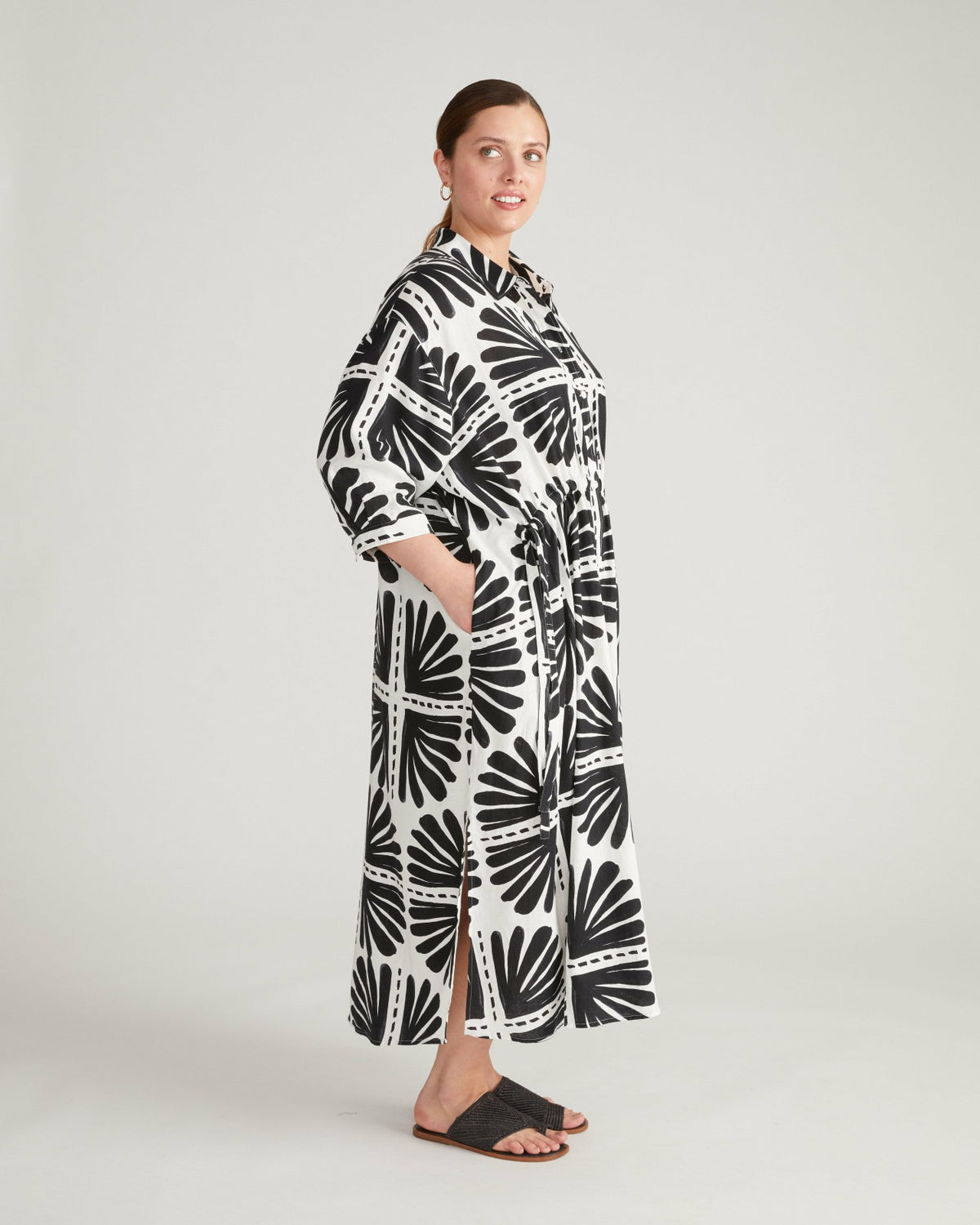 Paros Drawstring Linen Blend Shirtdress - Ink Bloom Print | Universal Standard