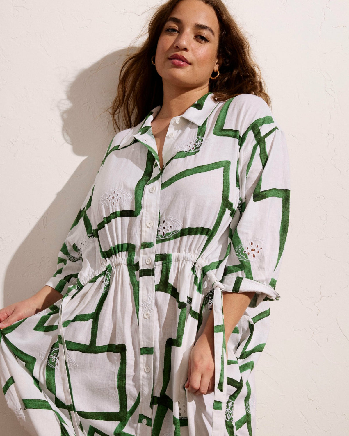 Paros Drawstring Linen Blend Shirtdress - Green Paint Print | Universal Standard